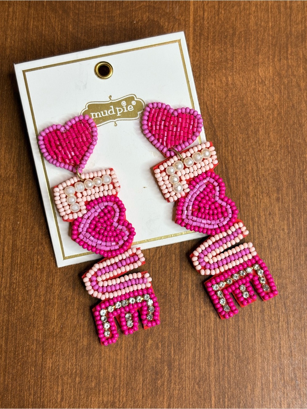 Mud Pie Pink Beaded Heart Dangle Earrings